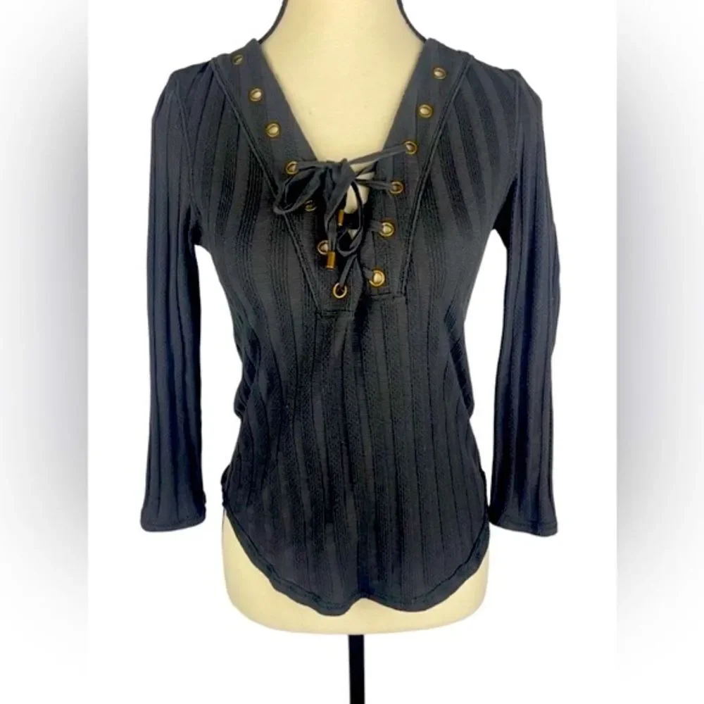 Free People Washed grey Ice Cold Lace-Up‎ Scoop Neck Cotton blend Top Sz S